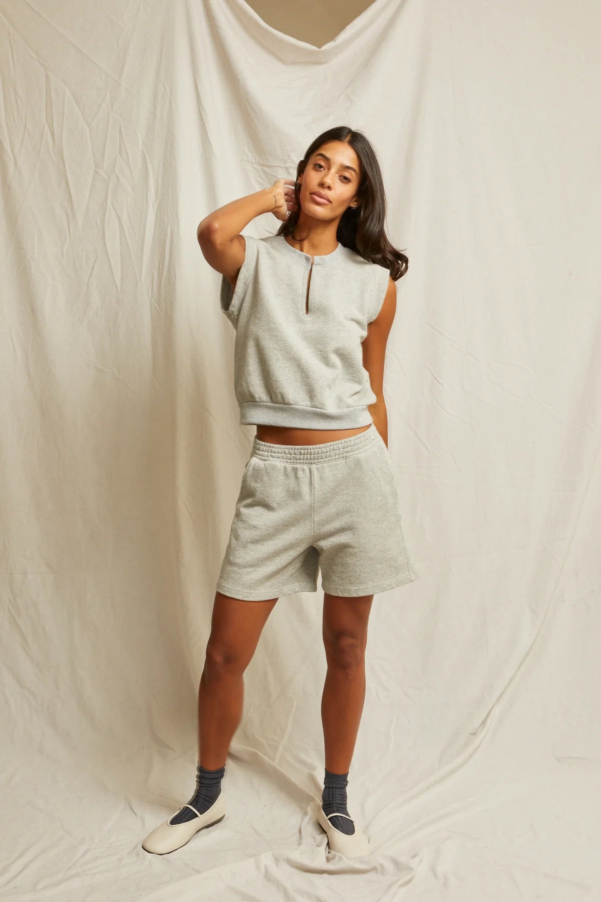 Sloane French Terry Split Top - Heather Grey