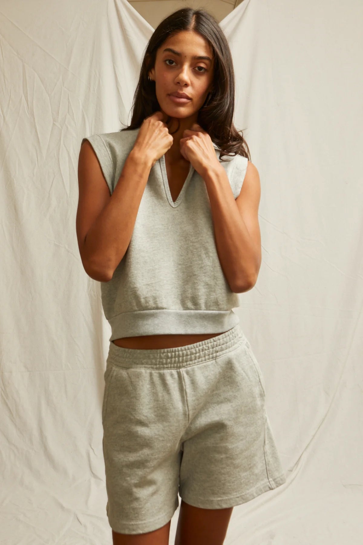 Sloane French Terry Split Top - Heather Grey