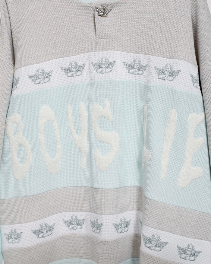 BOYS LIE private school crewneck. crewneck with angels, blue, grey and white. lounge set. boys lie. fayetteville arkansas. local business. ateam collections.