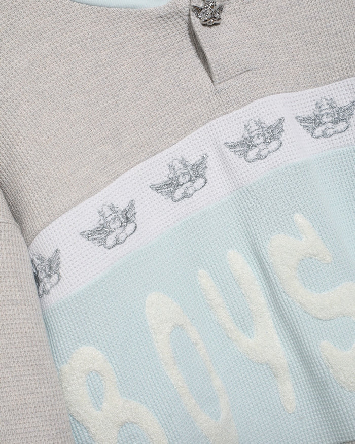 BOYS LIE private school crewneck. crewneck with angels, blue, grey and white. lounge set. boys lie. fayetteville arkansas. local business. ateam collections.