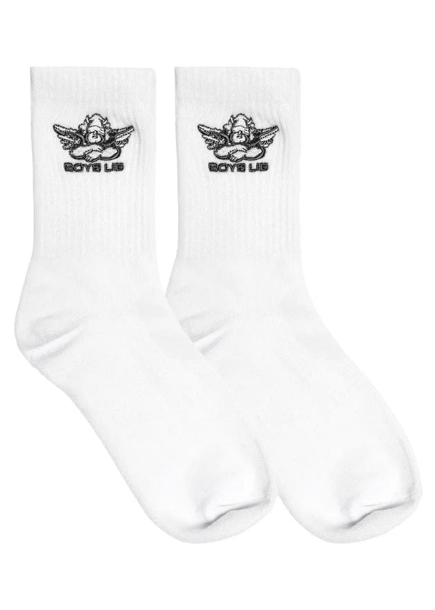 White socks with black logo and text on a white background
