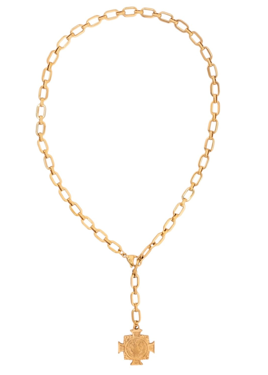 Gold chain necklace with a pendant on a white background
