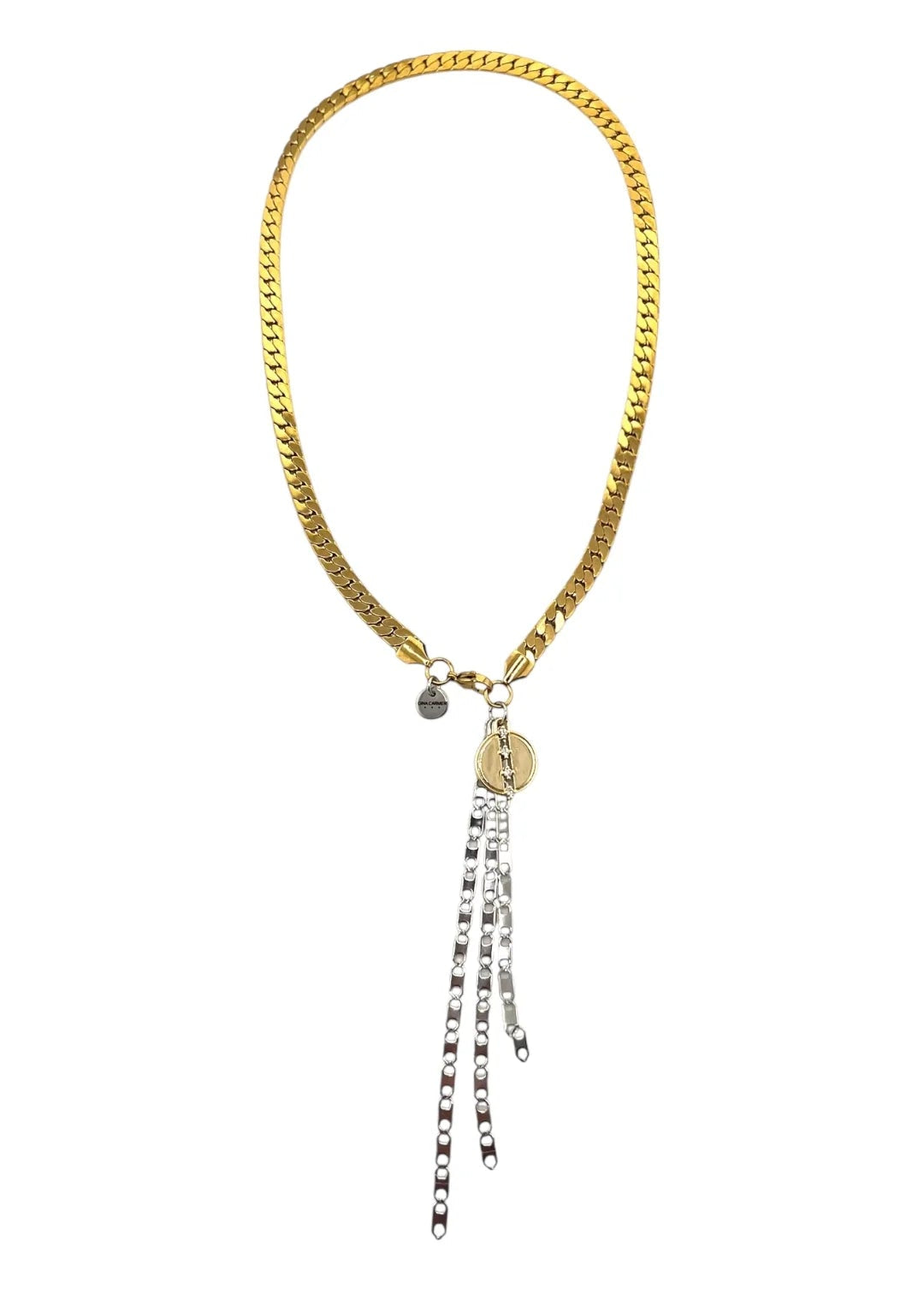 Gold chain necklace with pendant on a white background