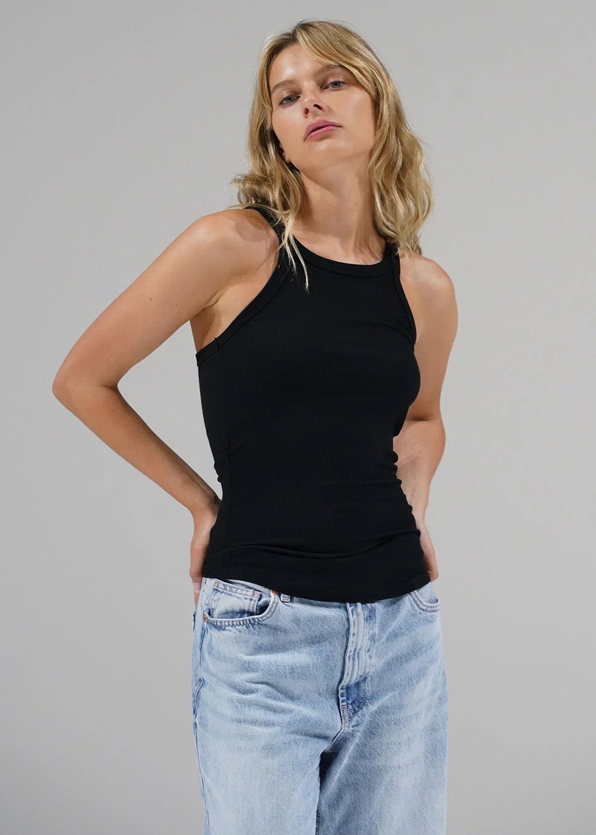 Skinny Racer Ribbed Tank - Black
