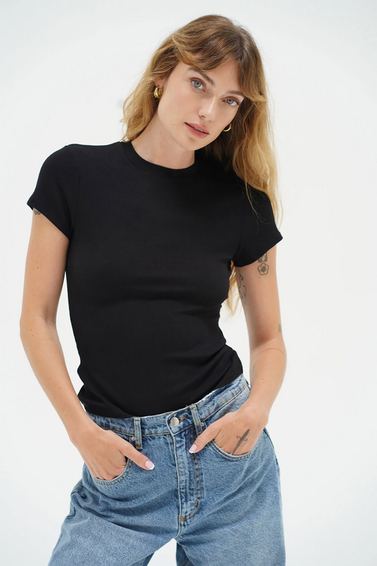 Fitted Cotton Rib Crew Tee - Black