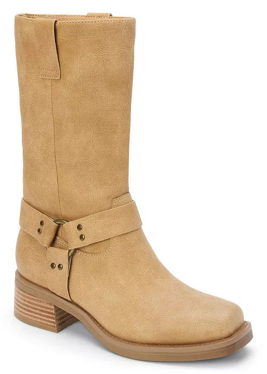 Tan boot with a strap and buckle on a white background