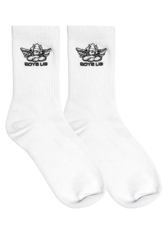 White socks with black logo and text on a white background