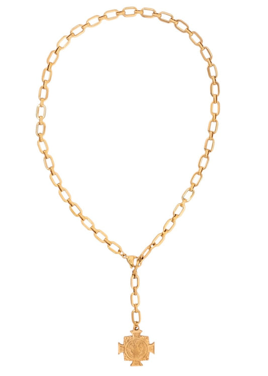 Gold chain necklace with a pendant on a white background