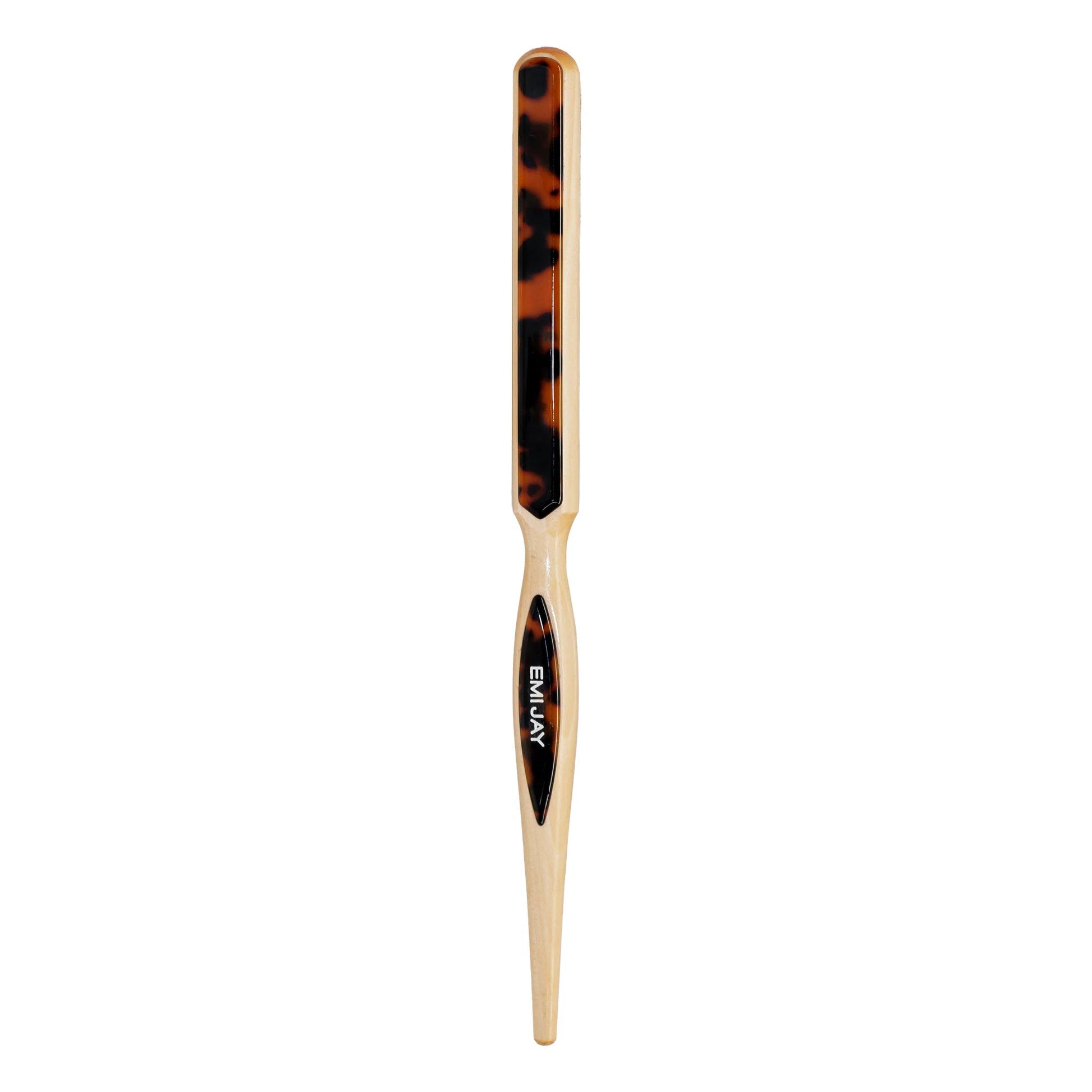 Wooden bat with tortoiseshell handle and 'EMI JAY' branding on a white background