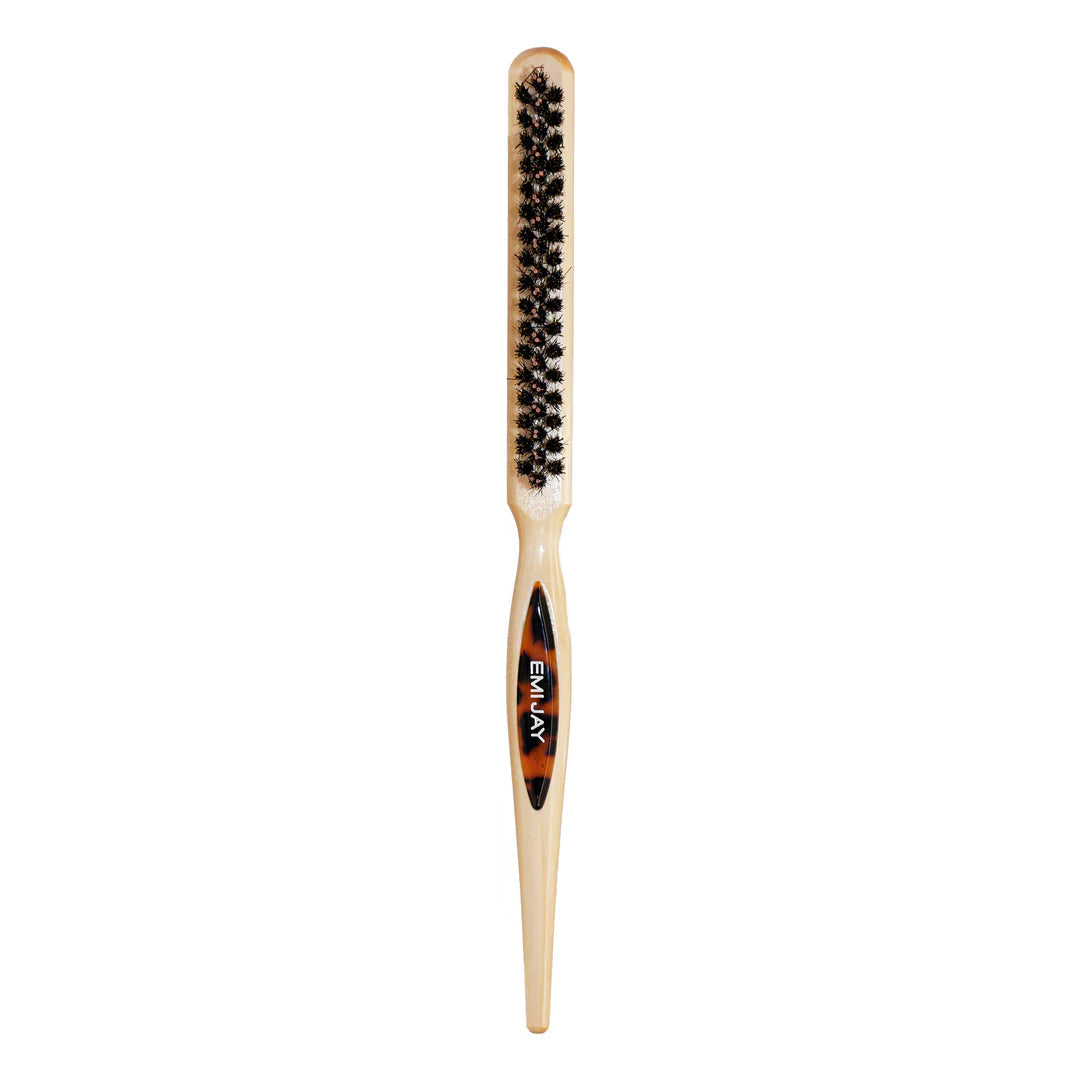 Hairbrush with bristle head and wooden handle on a white background, branded 'EMIJAY'.