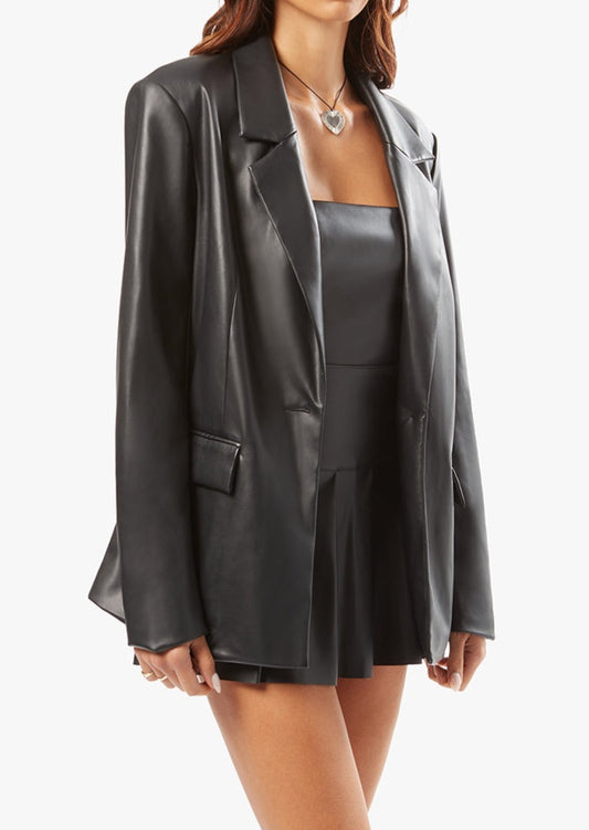 Vegan Leather Blazer - Black