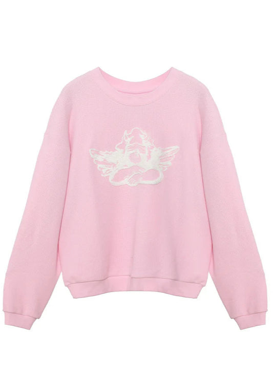 Pink sweatshirt with a white logo on a white background
