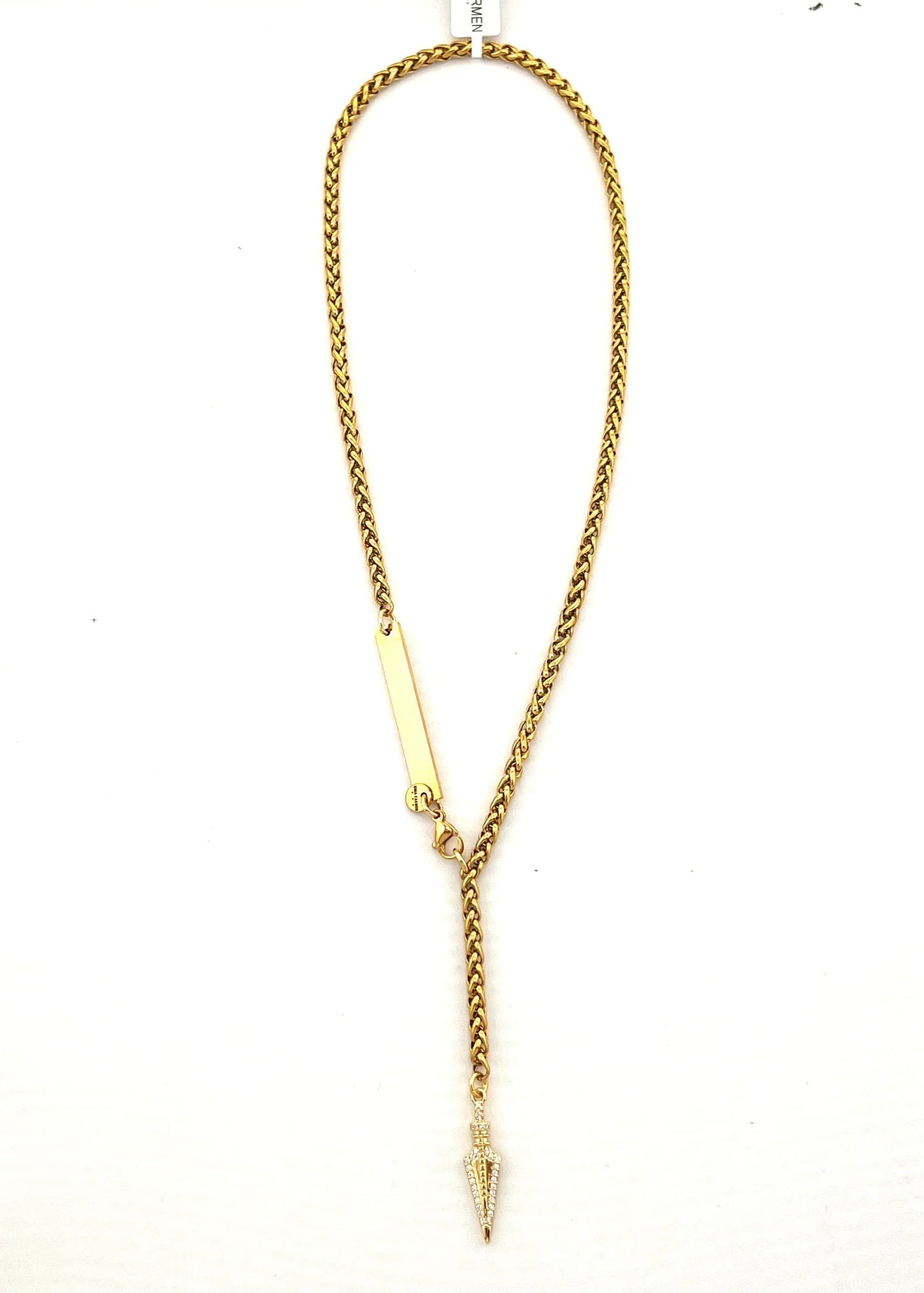 Gold necklace with a pendant on a white background