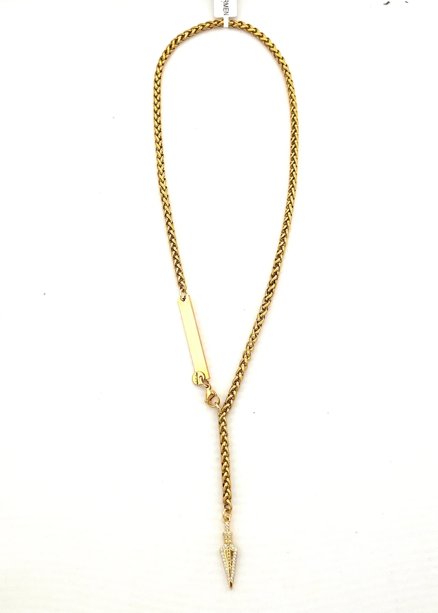 Gold necklace with a pendant on a white background
