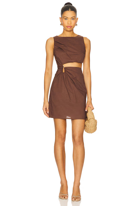 Woman wearing a brown dress holding a straw bag on a white background. brown mini dress.