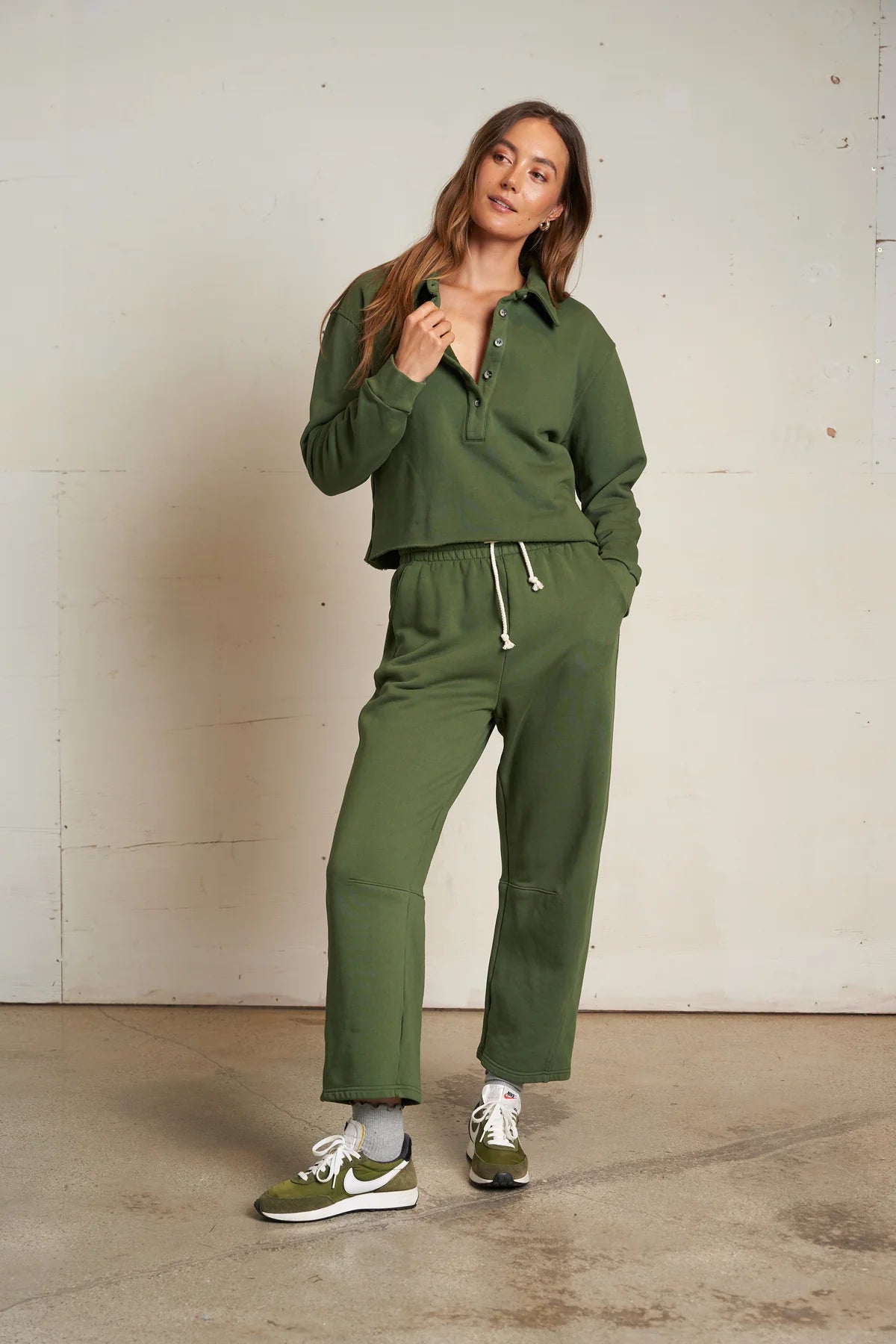 Fallon Structured Fleece Barrel Pant - Fern Green